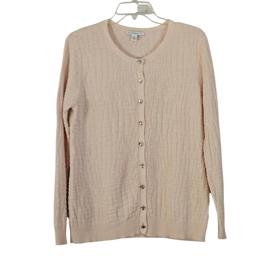 Isaac Mizrahi Live Sparkle Button Front Metallic Croco Textured Cardigan M Peach